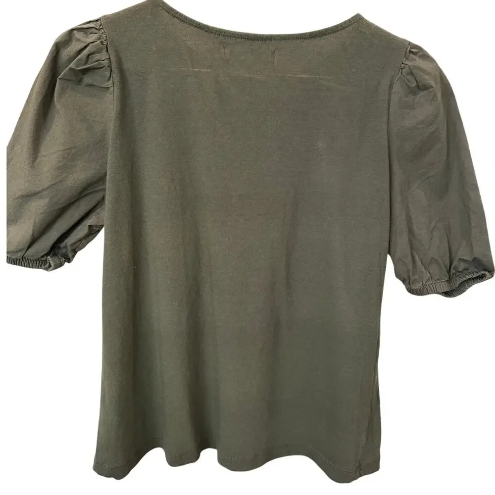 Banana Republic Olive Green Puff Sleeve Tee S Cotton Modal Crewneck Top EUC